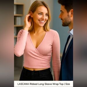 LASCANA Ribbed Long Sleeve Wrap Top | Size US 4–6 | Light Pink